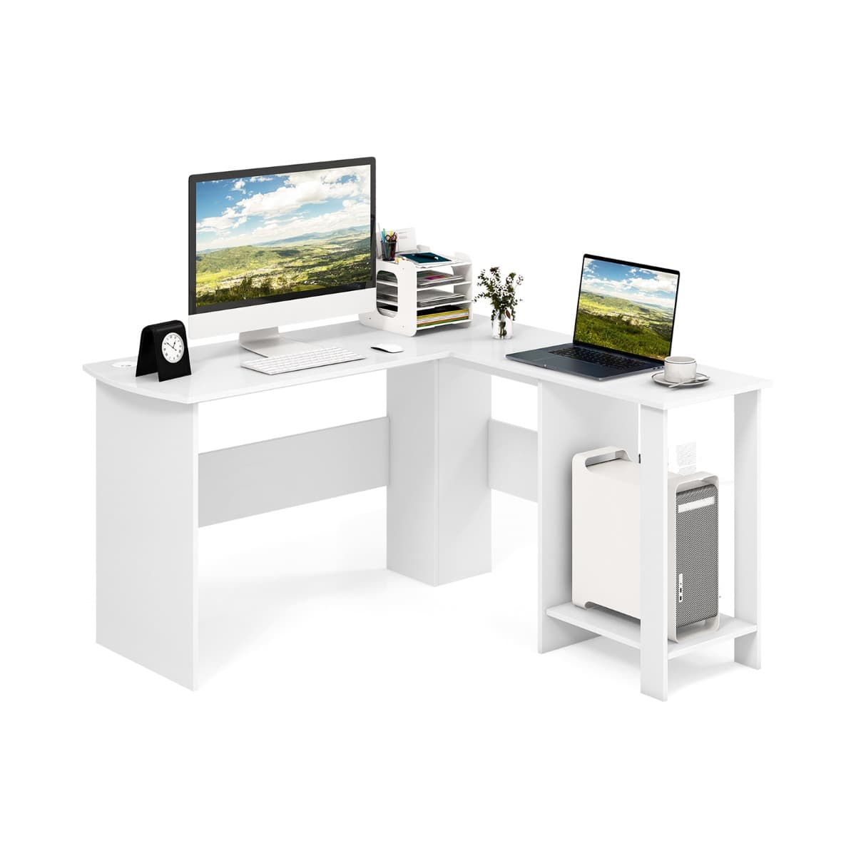 Bureau d'Angle en Forme de L - L 130 x P 130 x H 74 CM - Étagères Rangement à 2 Niveaux Contemporain