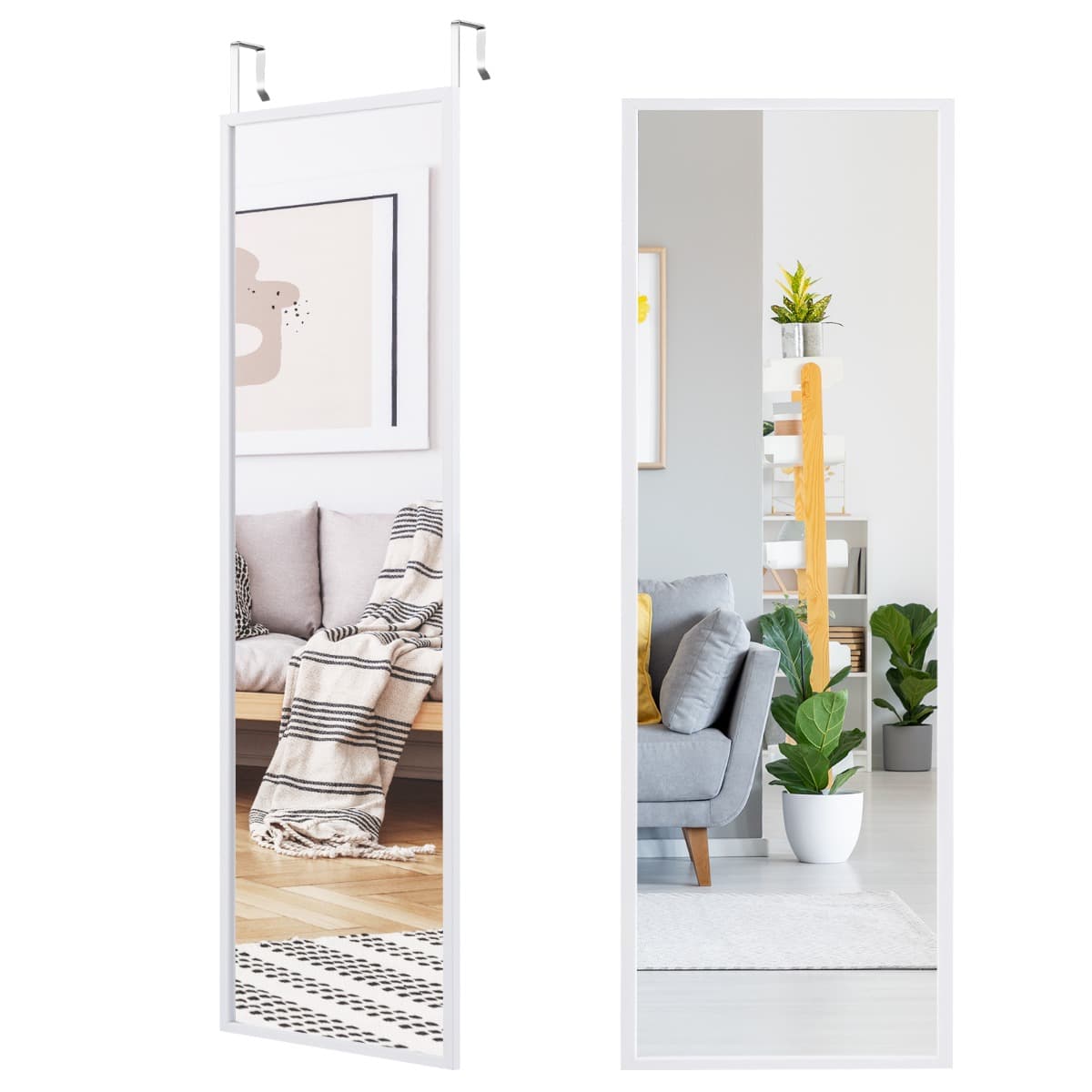 CostwayMiroir à Suspendre sur Porte avec Crochets de Suspension Réglables en Hauteur 36,5 x 107 CM Blanc