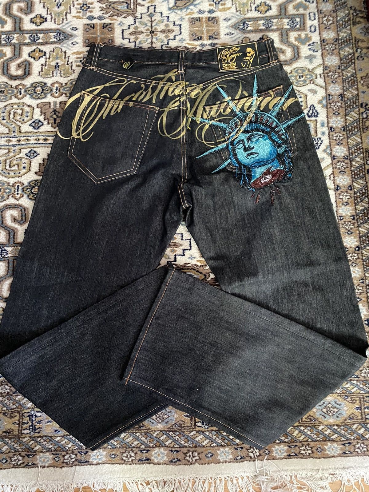 Jean en denim délavé rétro Statue de la Liberté, coupe droite, pantalon tendance pour homme et femme, mode décontractée en coton, printemps/aut