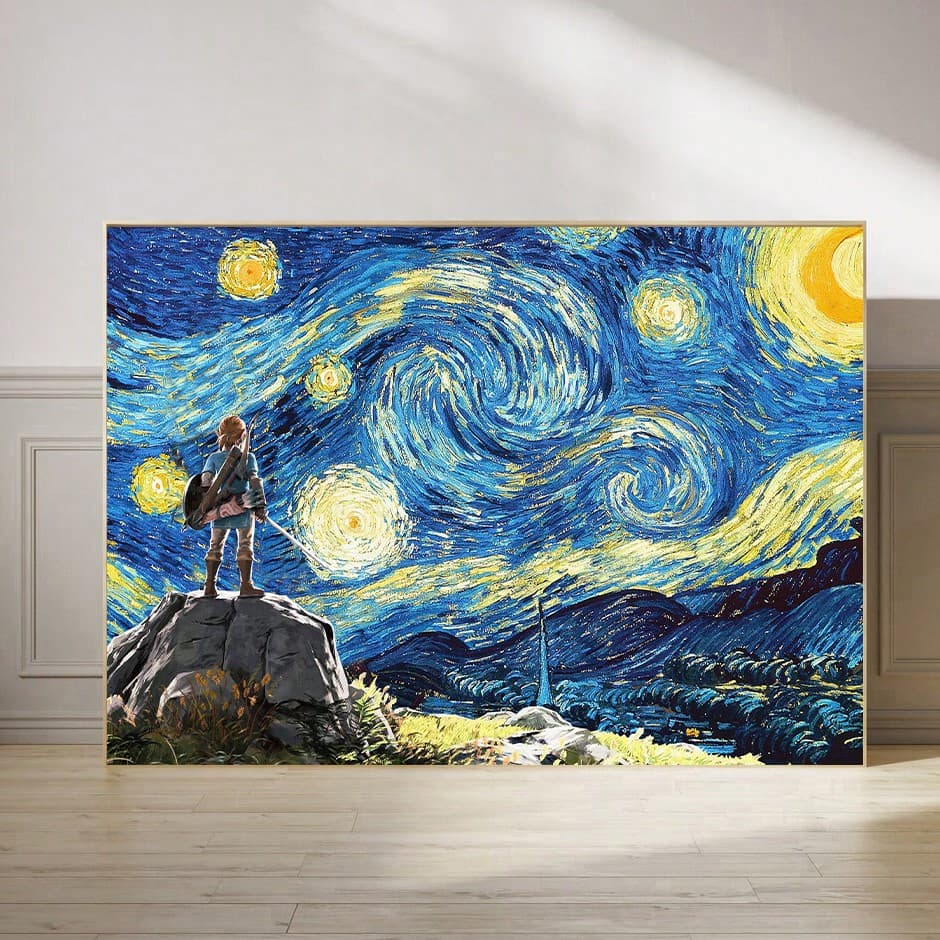 1 pièce Affiche artistique sur canevas, affiche murale abstraite pour jeu vidéo Starry Night, silhouette de personnage de jeu de nuit en ciel